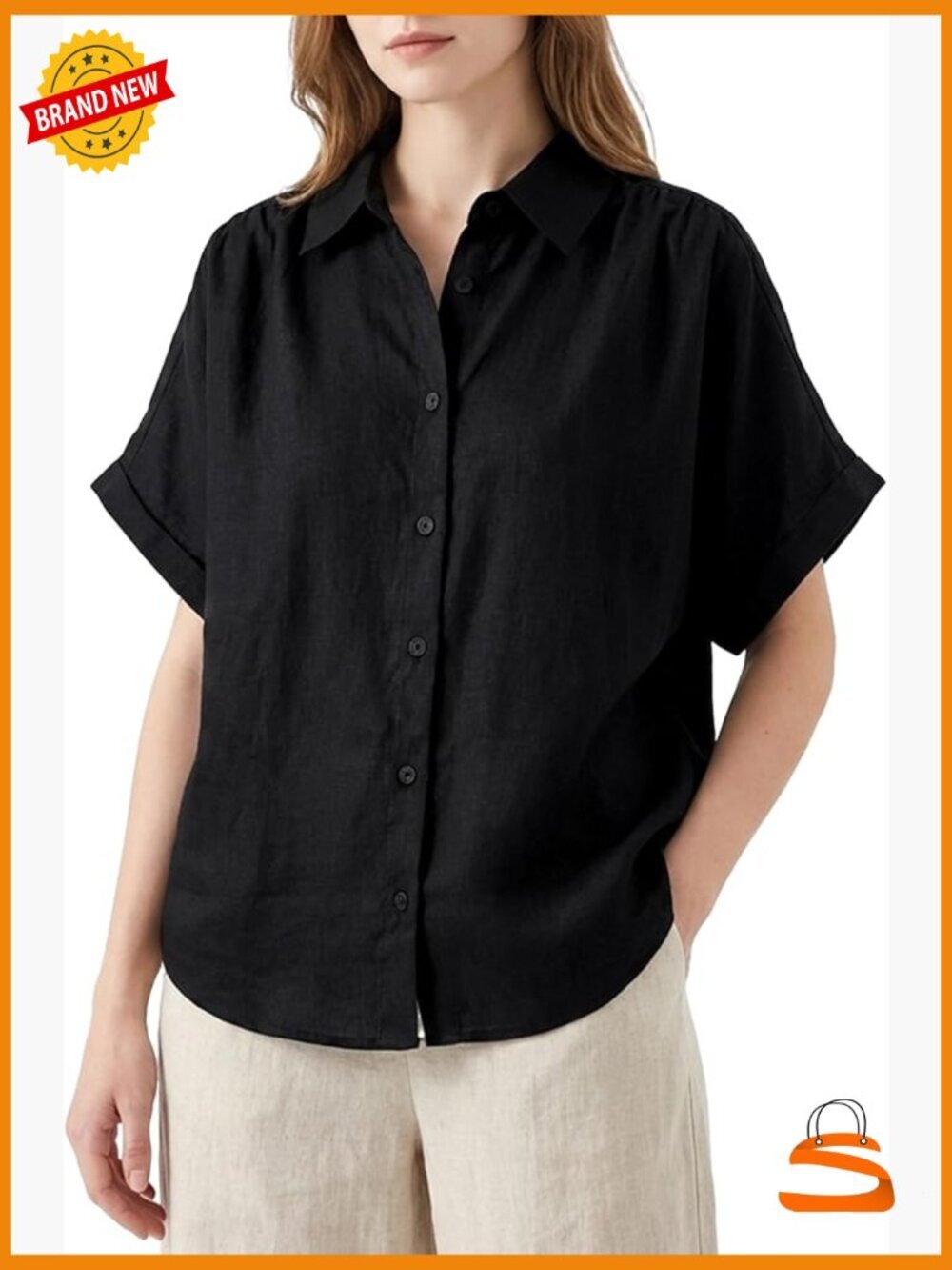 100% Linen Short Sleeve Button Down Shirt Blouse